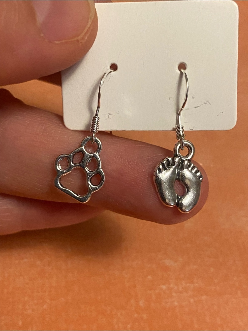 Silver plated Paw and Baby Feet Dangle Earrings